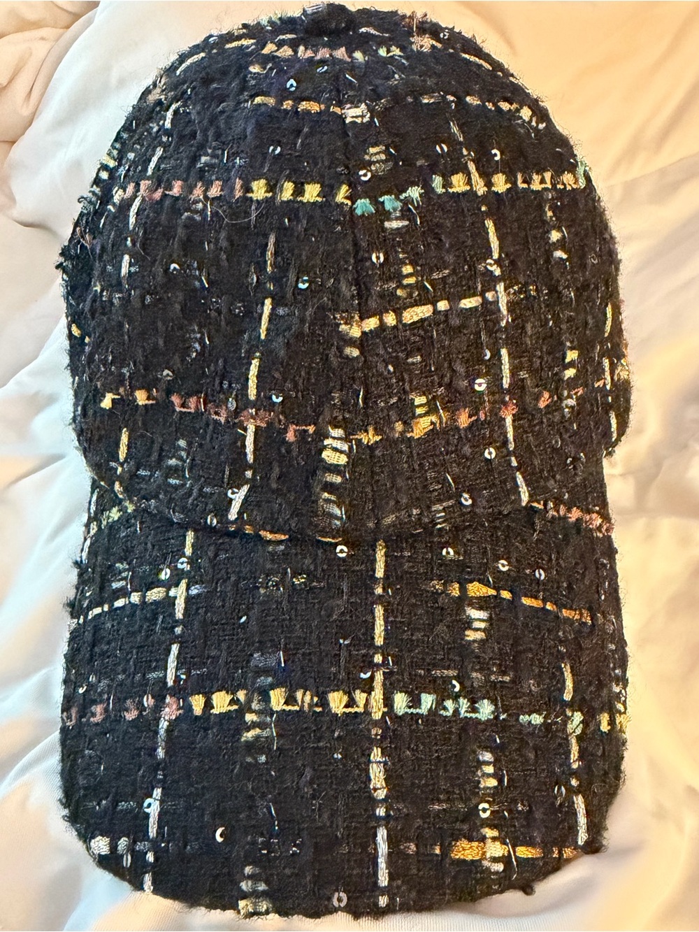 Black Tweed hat with Multicolor Thread Accents & Sequins